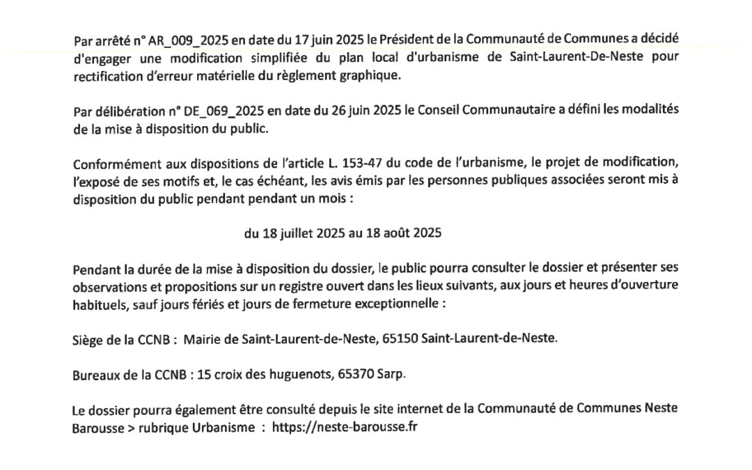 Avis de mise à disposition du public – Modification simplifiée du PLU de St-Laurent de Neste
